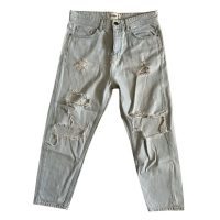 Pull & Bear - FR/40 - Jeans unisex a vita alta in cotone celeste con strappi