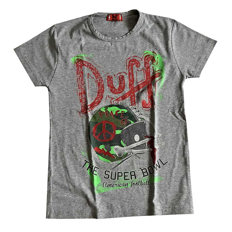 Duff - S - T-shirt in cotone elasticizzato grigio con stampa multicolore